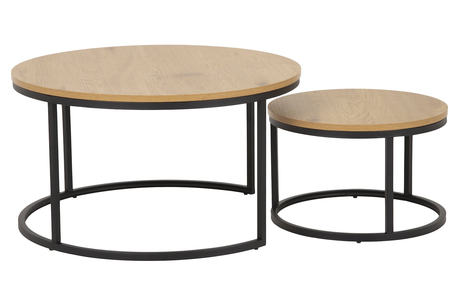 Spiro rundt settbord Eik foliert med sort metall understell. Sett av 2 bord