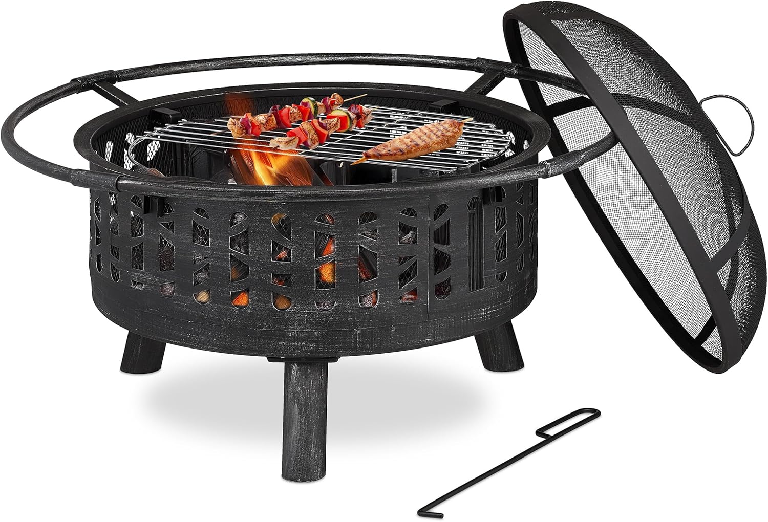 Relaxdays Feuerschale mit Grillrost & Funkenschutz, Schürhaken, Kohlerost, Ø 75 cm, Feuerstelle Garten, schwarz/Silber