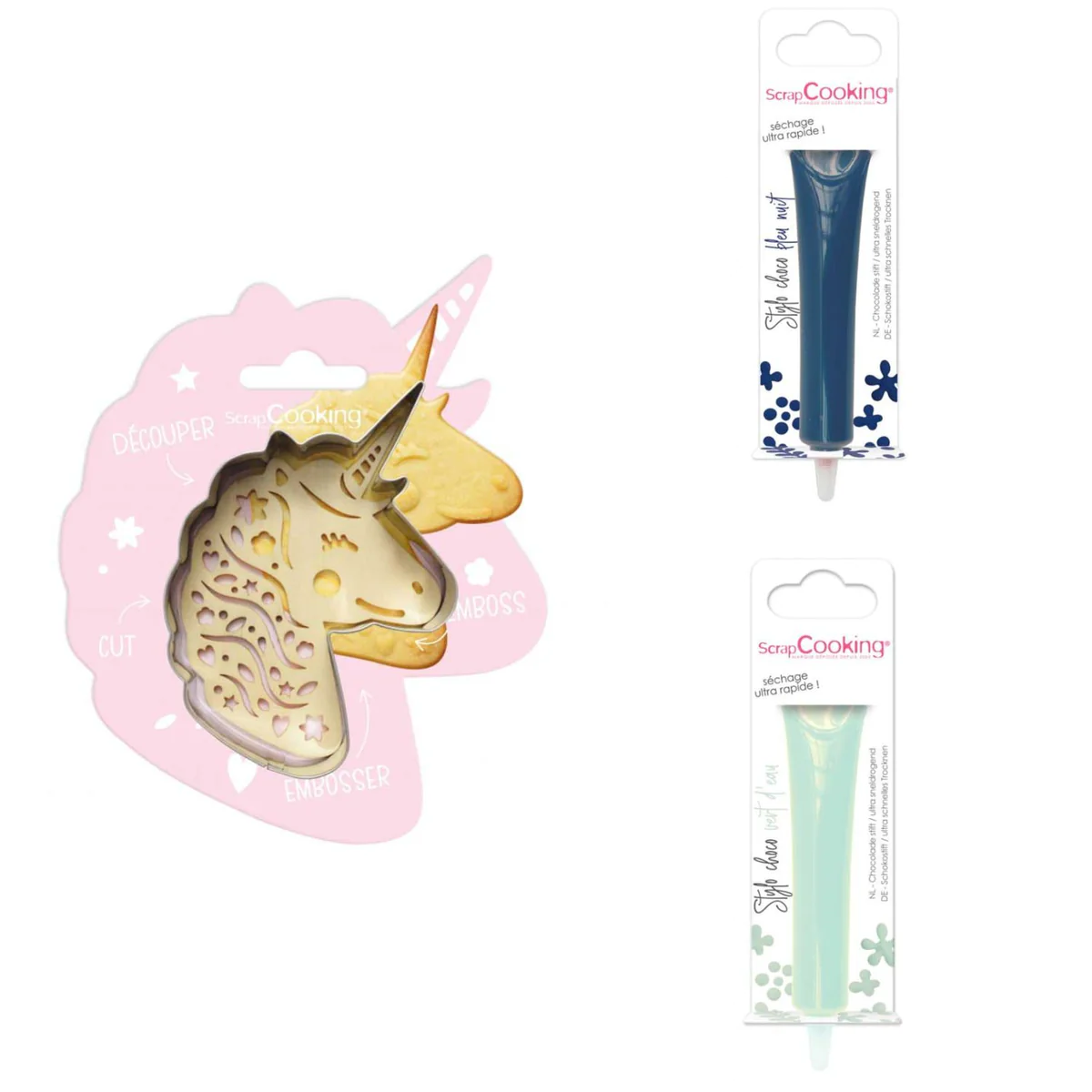Kit pour biscuit en relief Licorne + 2 Stylos au chocolat bleu nuit et