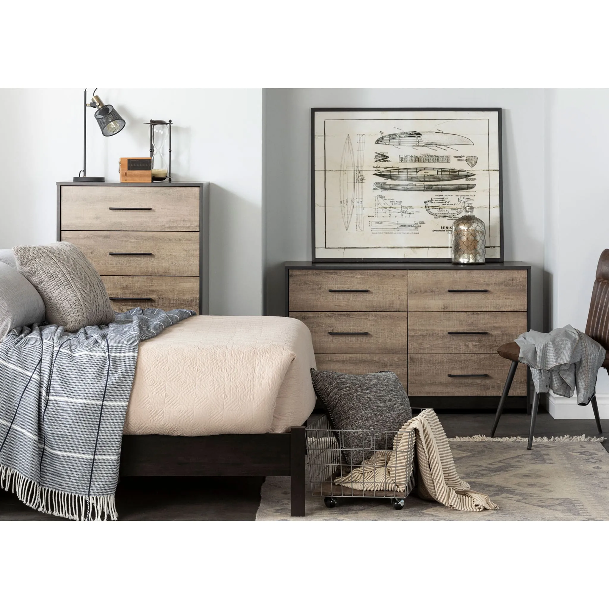 South Shore Commode 5 Tiroirs - Londen Noir antiqué et Chêne vieilli