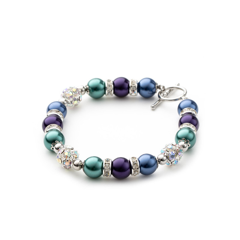 Bracelet 1 Rang en Perles Bleu et Violet, Cristal et Plaqué Rhodium