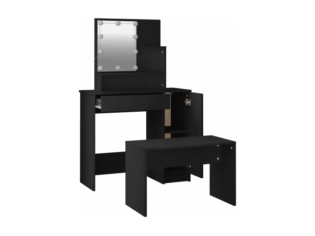 Ensemble de coiffeuse avec LED Noir Bois d'ingénierie