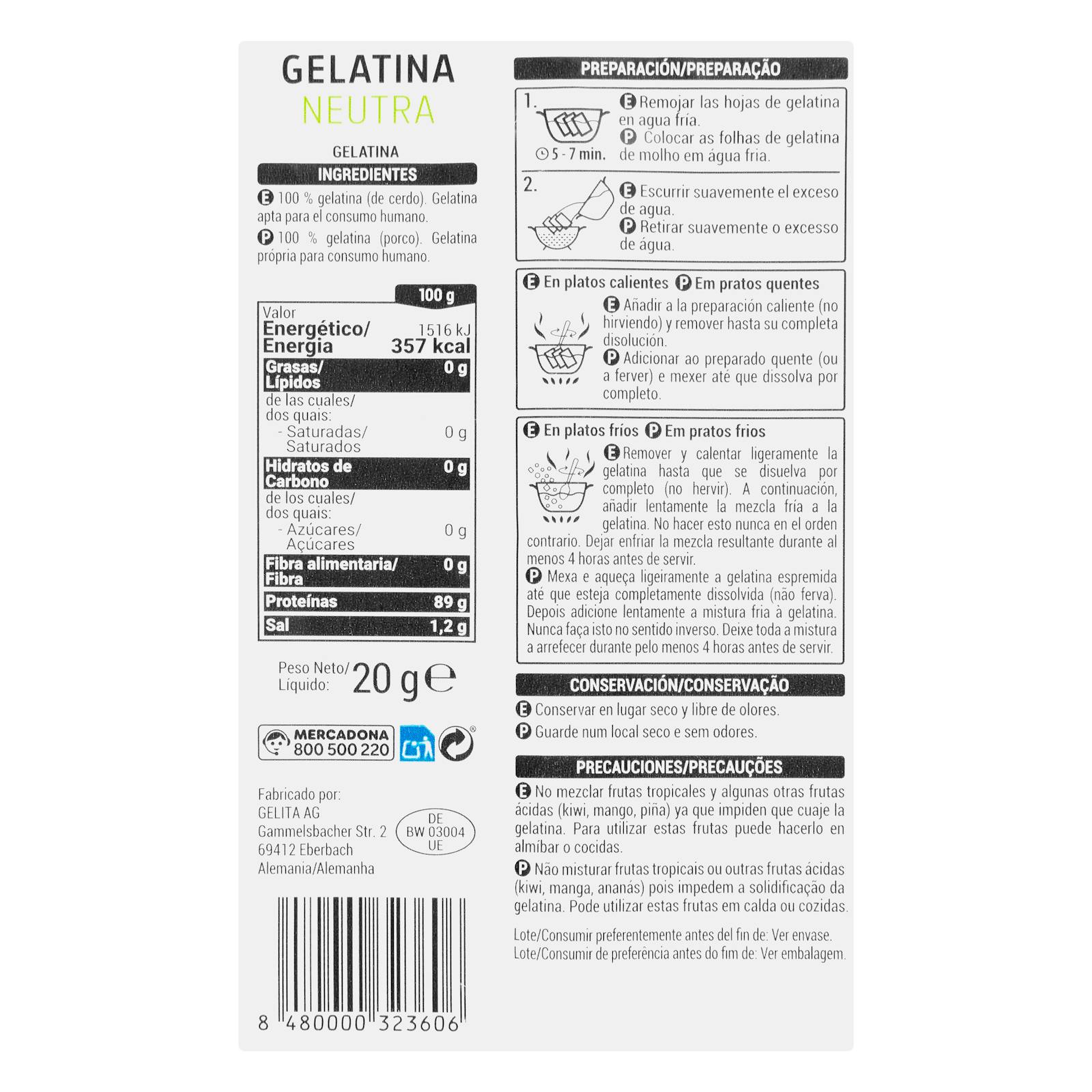 Feuilles de gélatine neutre Hacendado