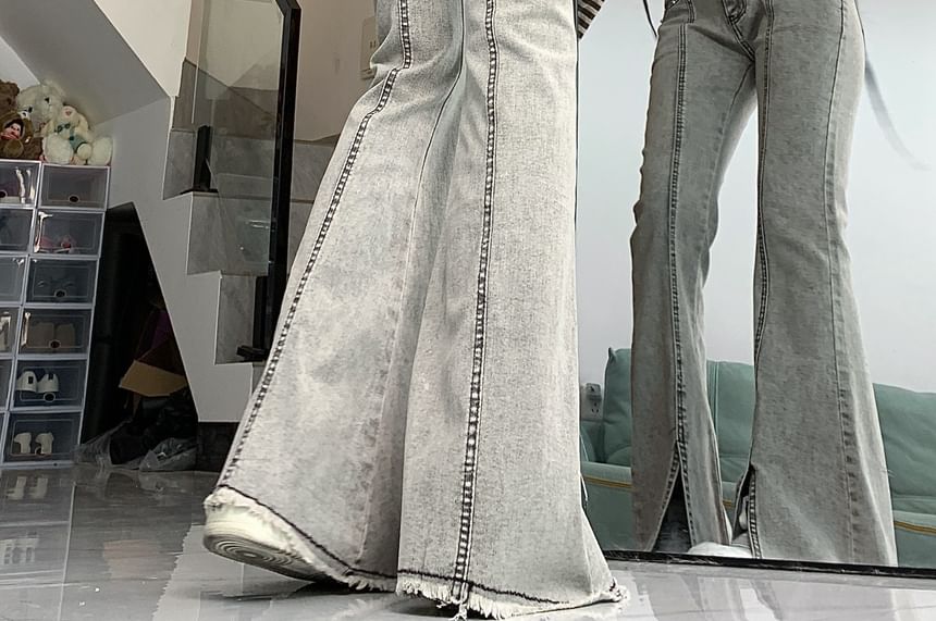 RONIN - Mid Waist Slit Fringed Washed Flared Jeans