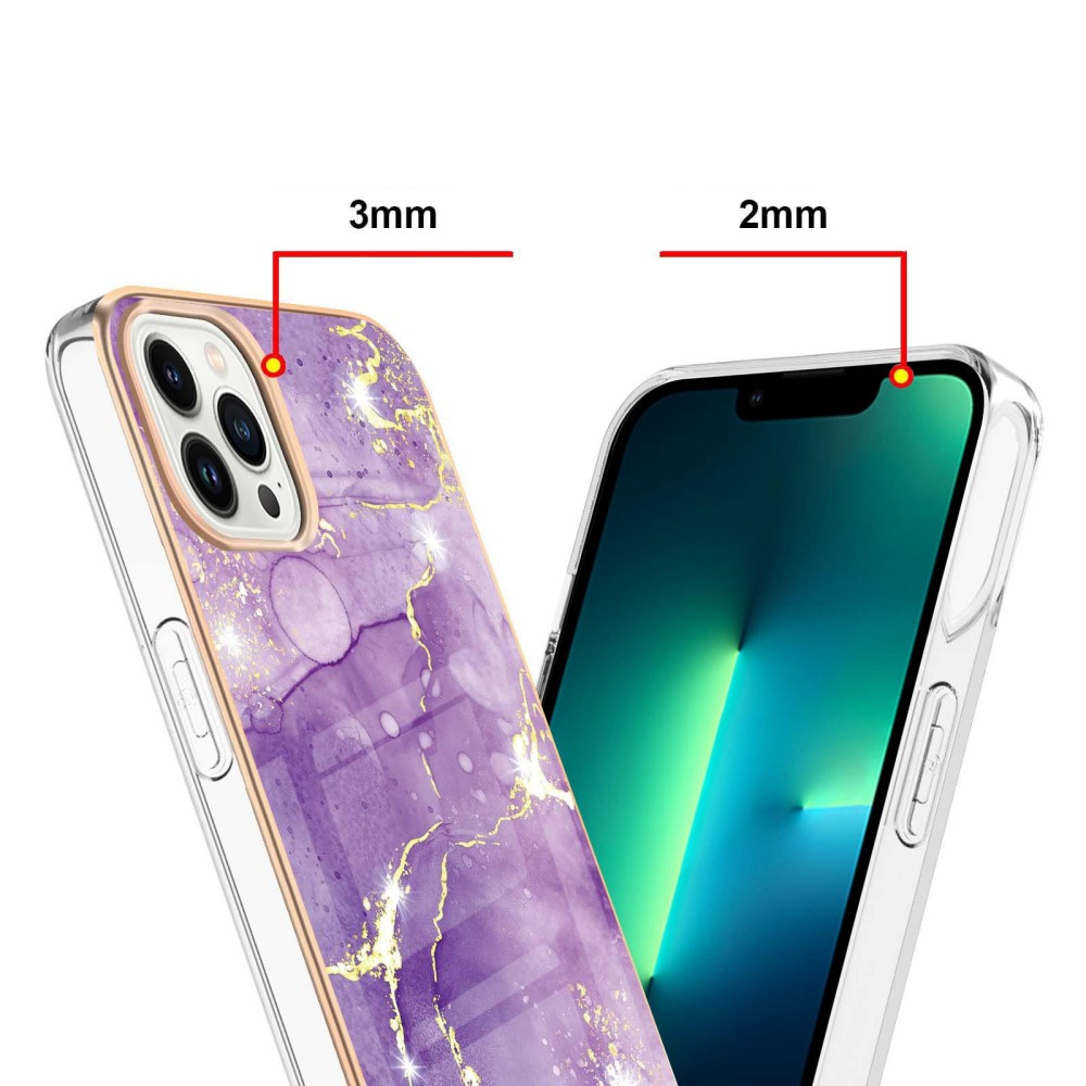 iPhone 14 Pro Gummi Case Hülle Galvanisierter Rahmen Marble Marmor Design - Violett / Roségold
