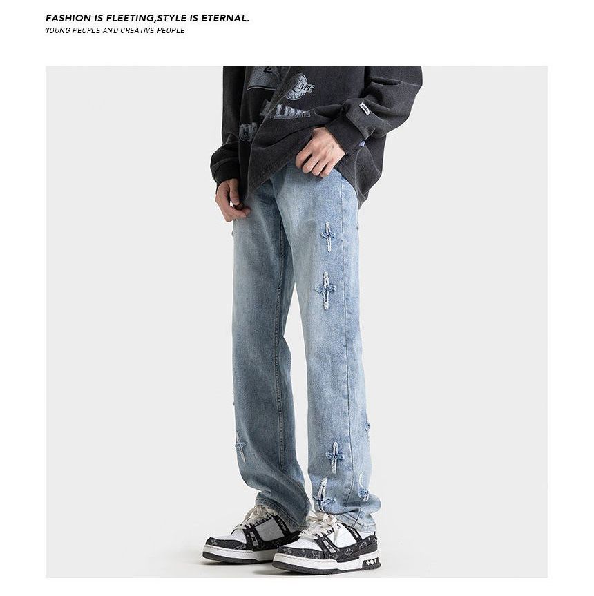 FOEV - Mid Rise Cross Applique Washed Loose Fit Jeans