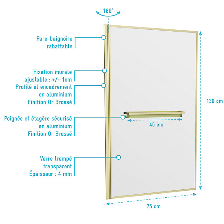 Pare-baignoire rabattable 130 x 75 cm, profilés alu doré brossé, porte-serviette/étagère, Galedo Golden Edge