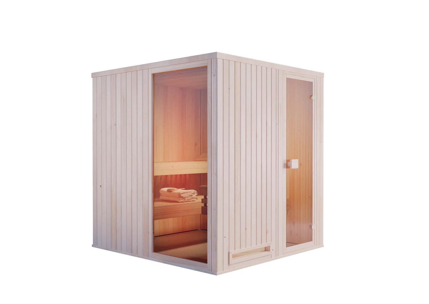 FinnTherm Miranda binnensauna met 2 houten banken, 40 mm dikke wanden, stoomsauna inclusief bevestigingsmateriaal, natuurlijke afwerking, 1,9 x 1,9 m