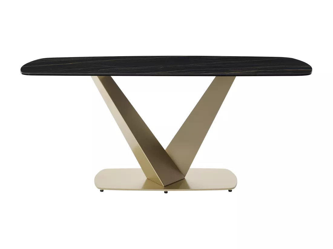 Table à manger 6 personnes en céramique, verre trempé et métal doré - Effet marbre noir - PORELIMA de Maison Céphy