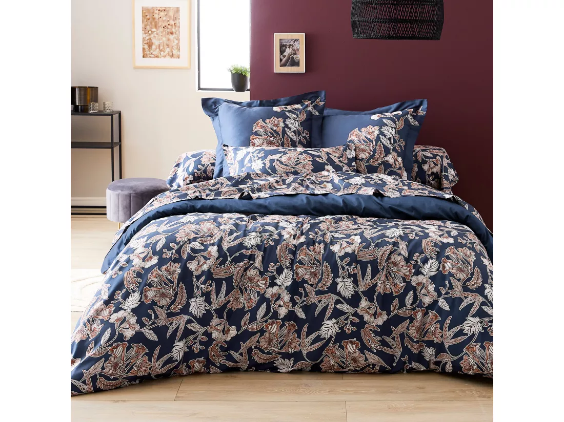 Housse de couette 200x200 cm satin de coton BOTANIC bleu Nuit