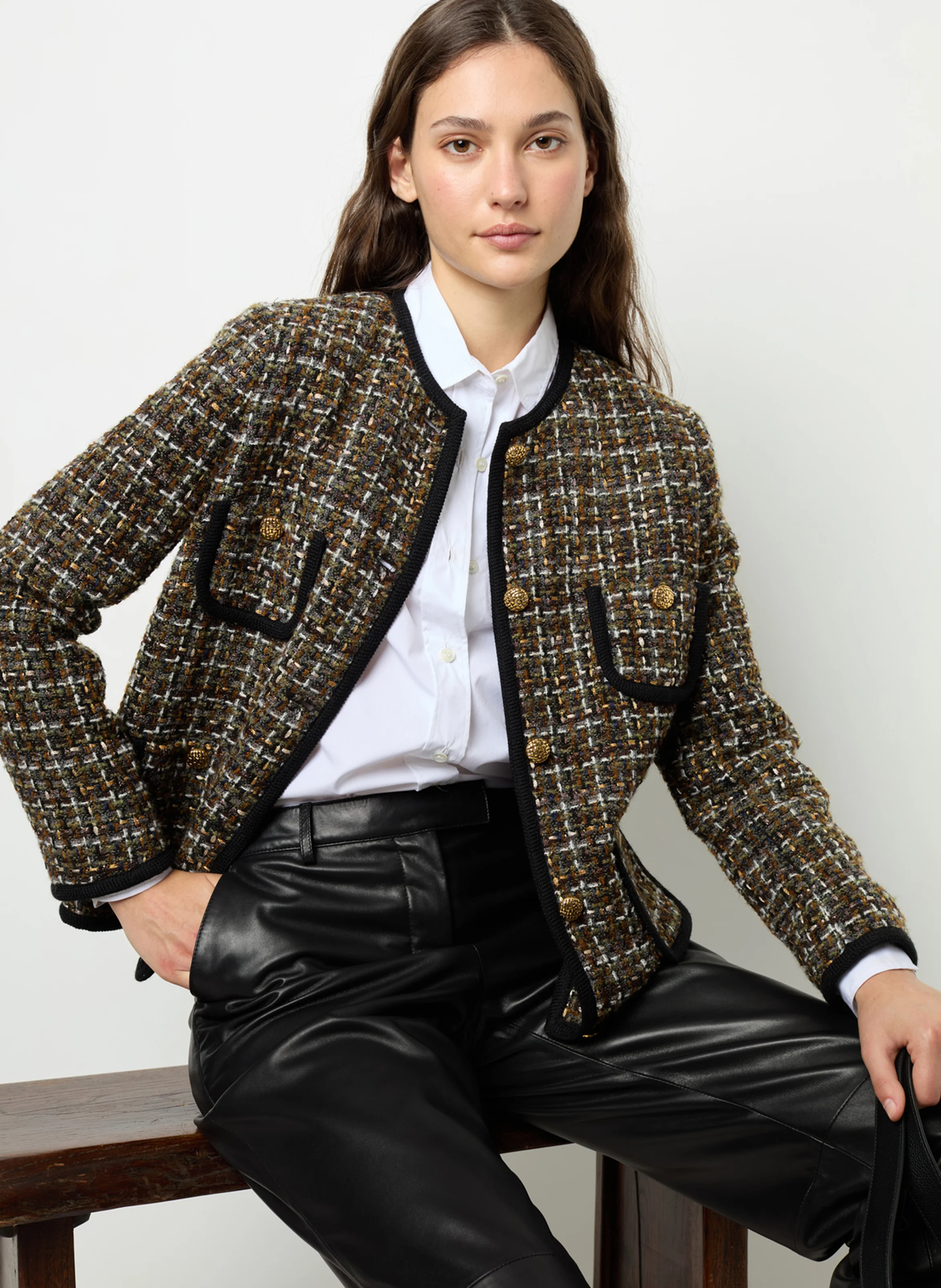 MARGAUX - Veste droite col rond en tweed | Kaki