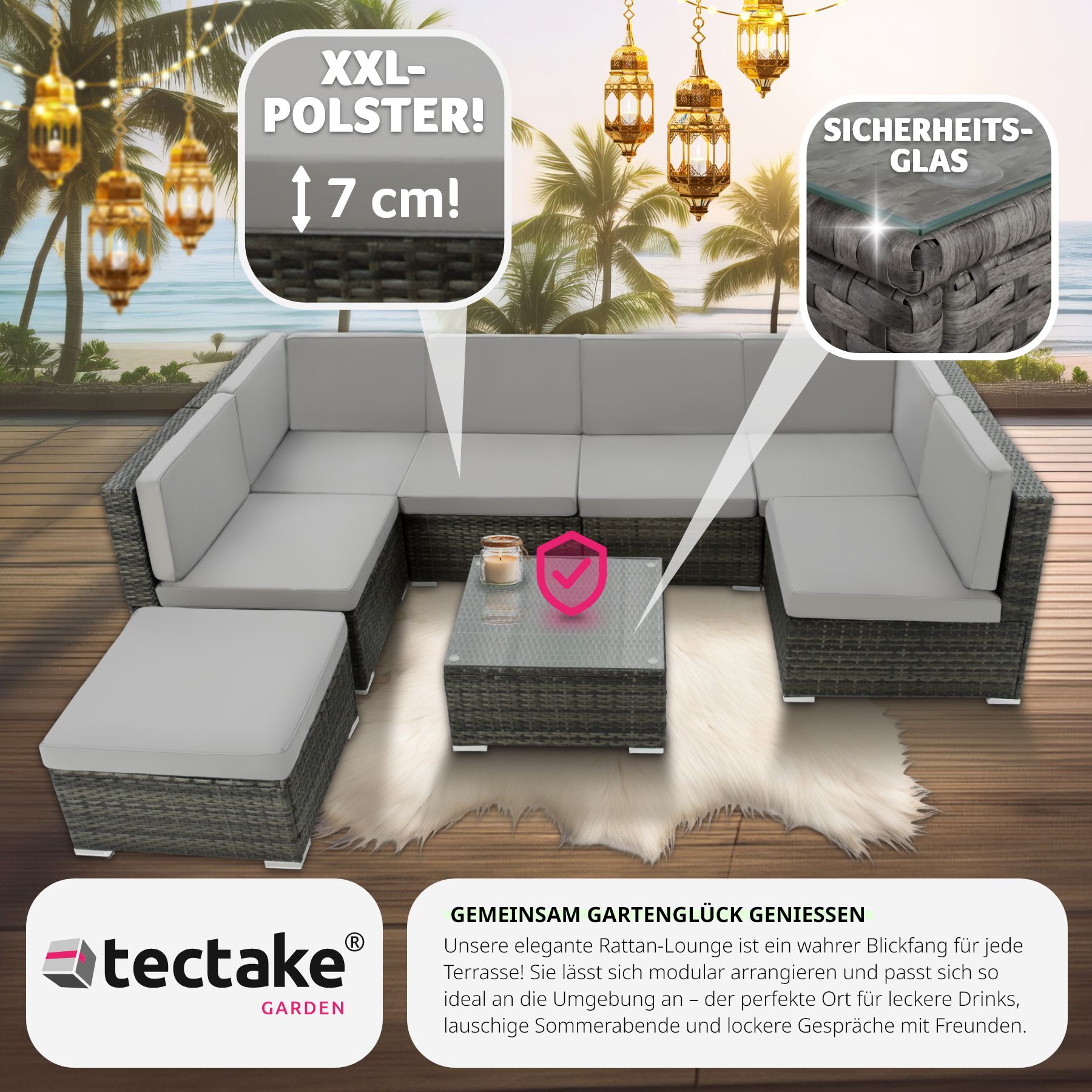 tectake® Rattan Lounge, für 6 bis 7 Personen, UV-beständig, mit Sicherheitsglasplatte