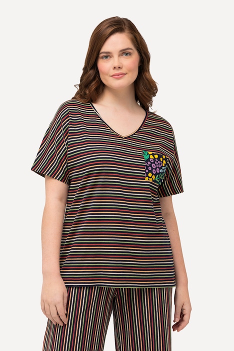 Schlafanzug-Shirt, Streifen, V-Ausschnitt, Halbarm