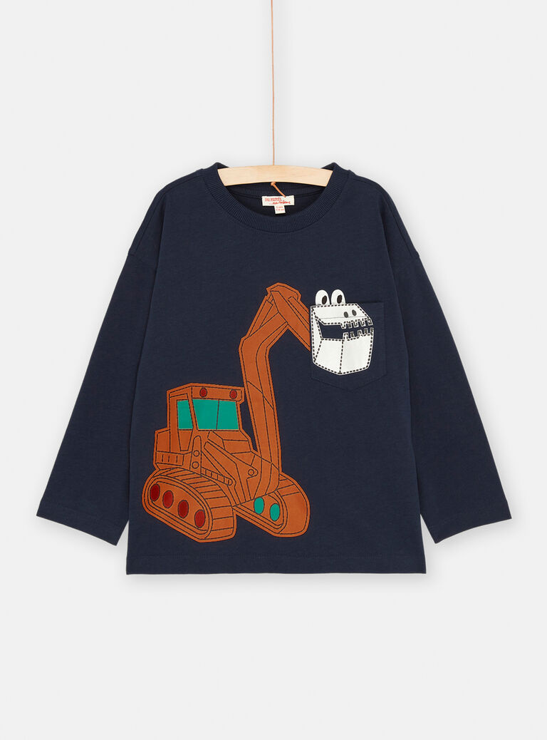 T-shirt bleu nuit à motif tractopelle pour garçon
