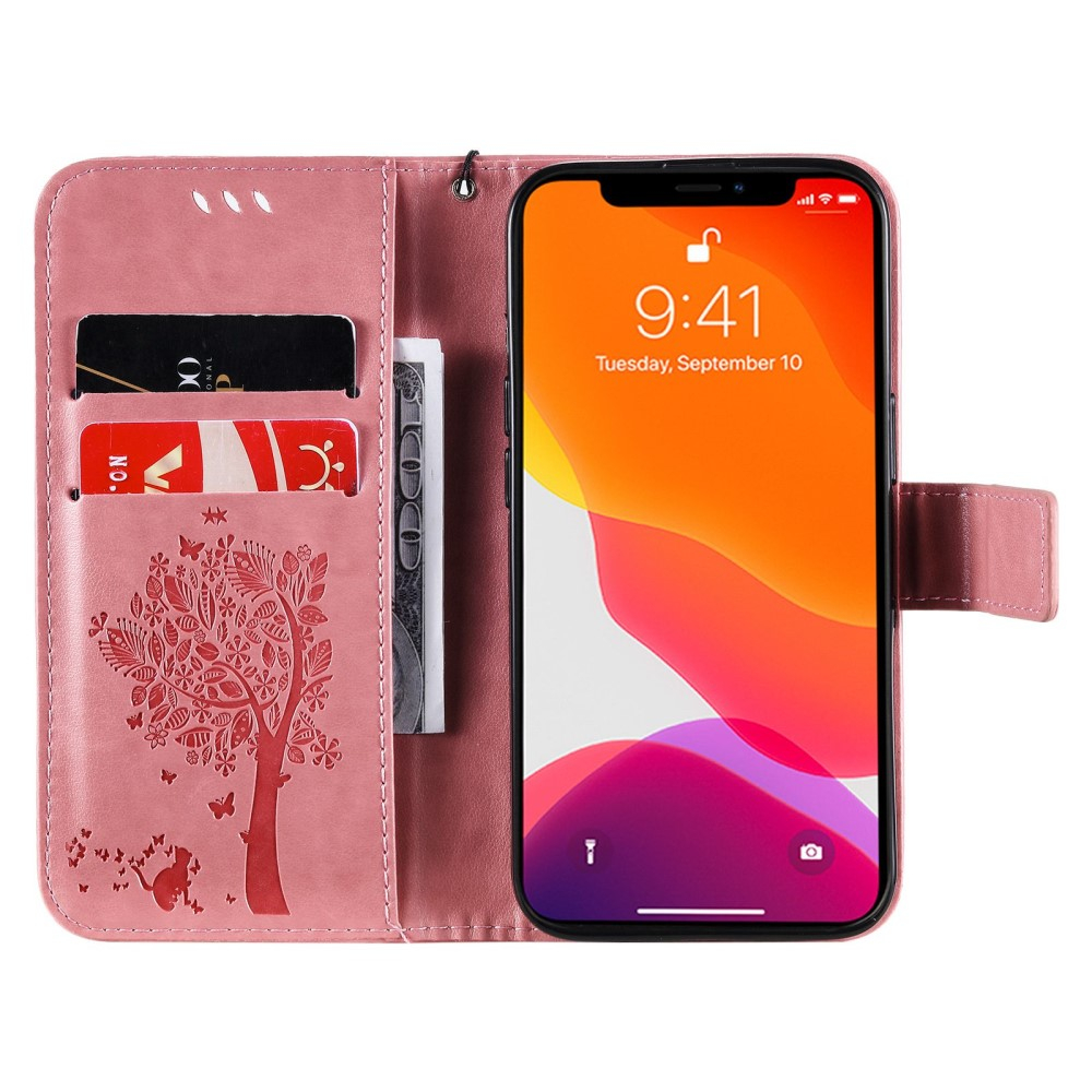 iPhone 14 Leder Tasche Flip Cover Baum Imprint - Rosa