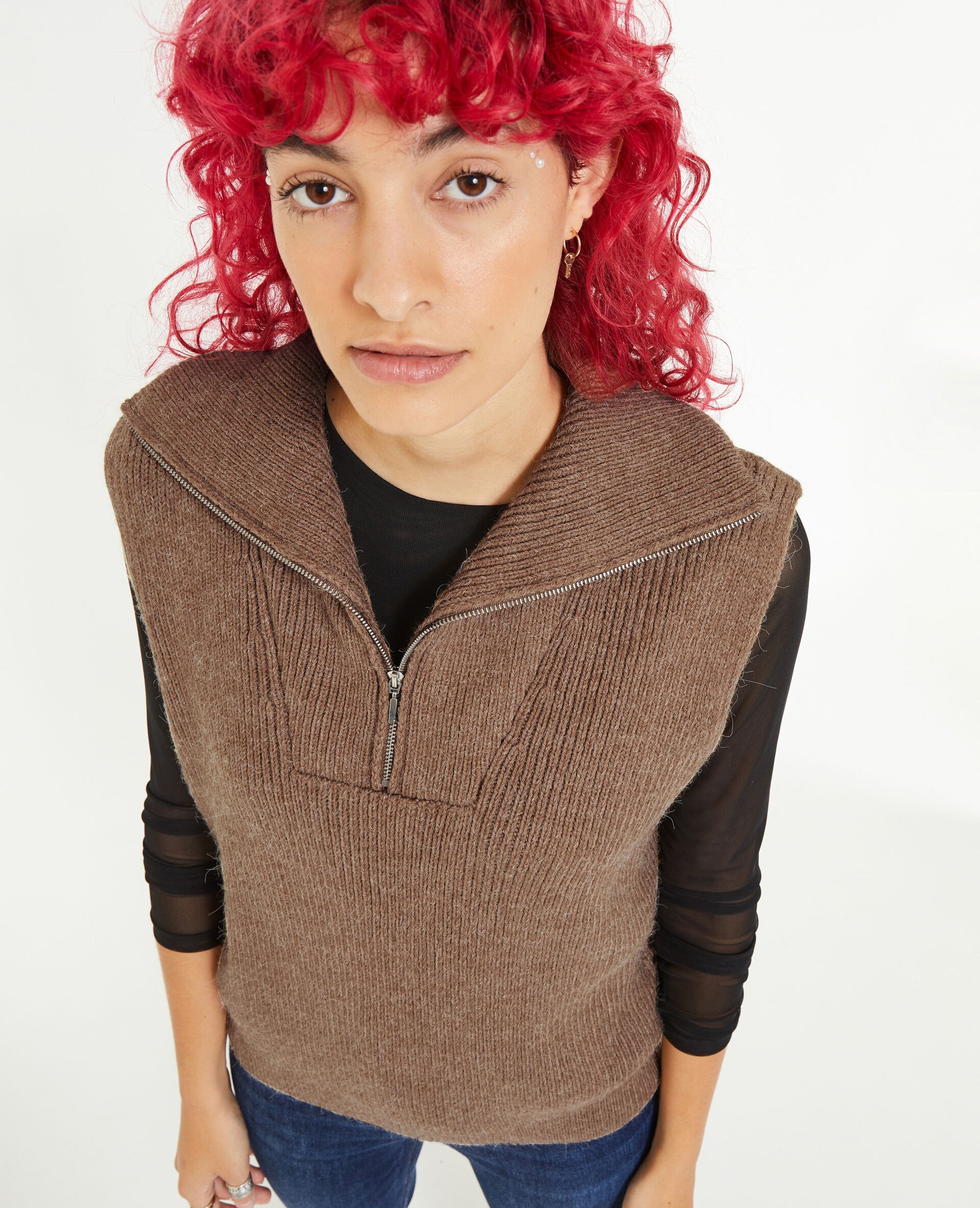 Pull sans manches à col camionneur - Taupe