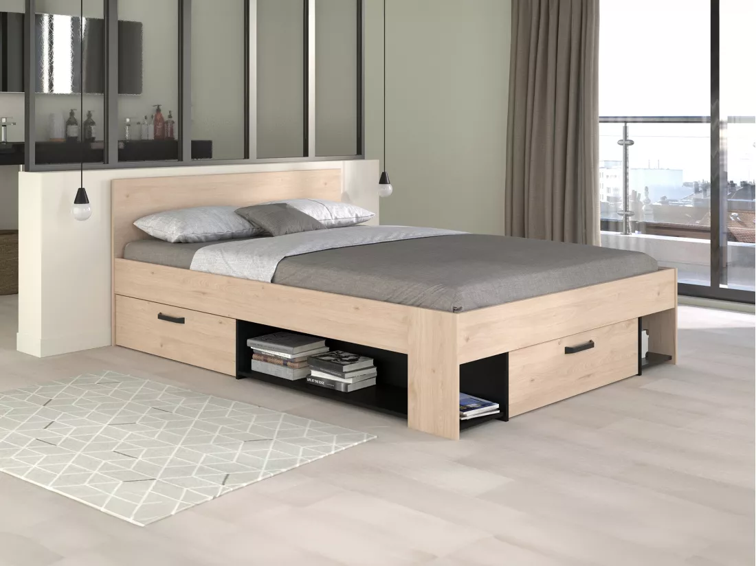 Lit 140 x 190/200 cm avec rangements - Coloris : Naturel et noir + Sommier - KINSELIA