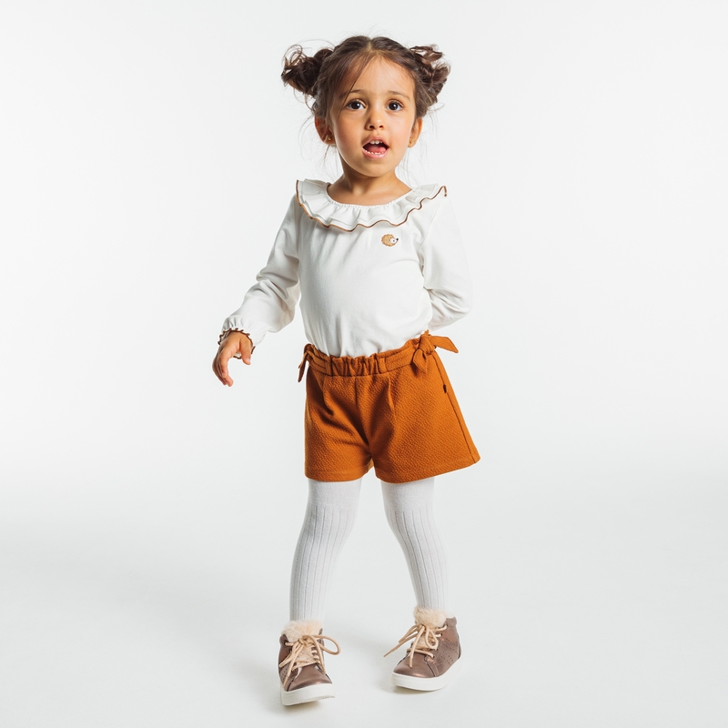 T-shirt à col volants hérisson brodé beige bébé fille
