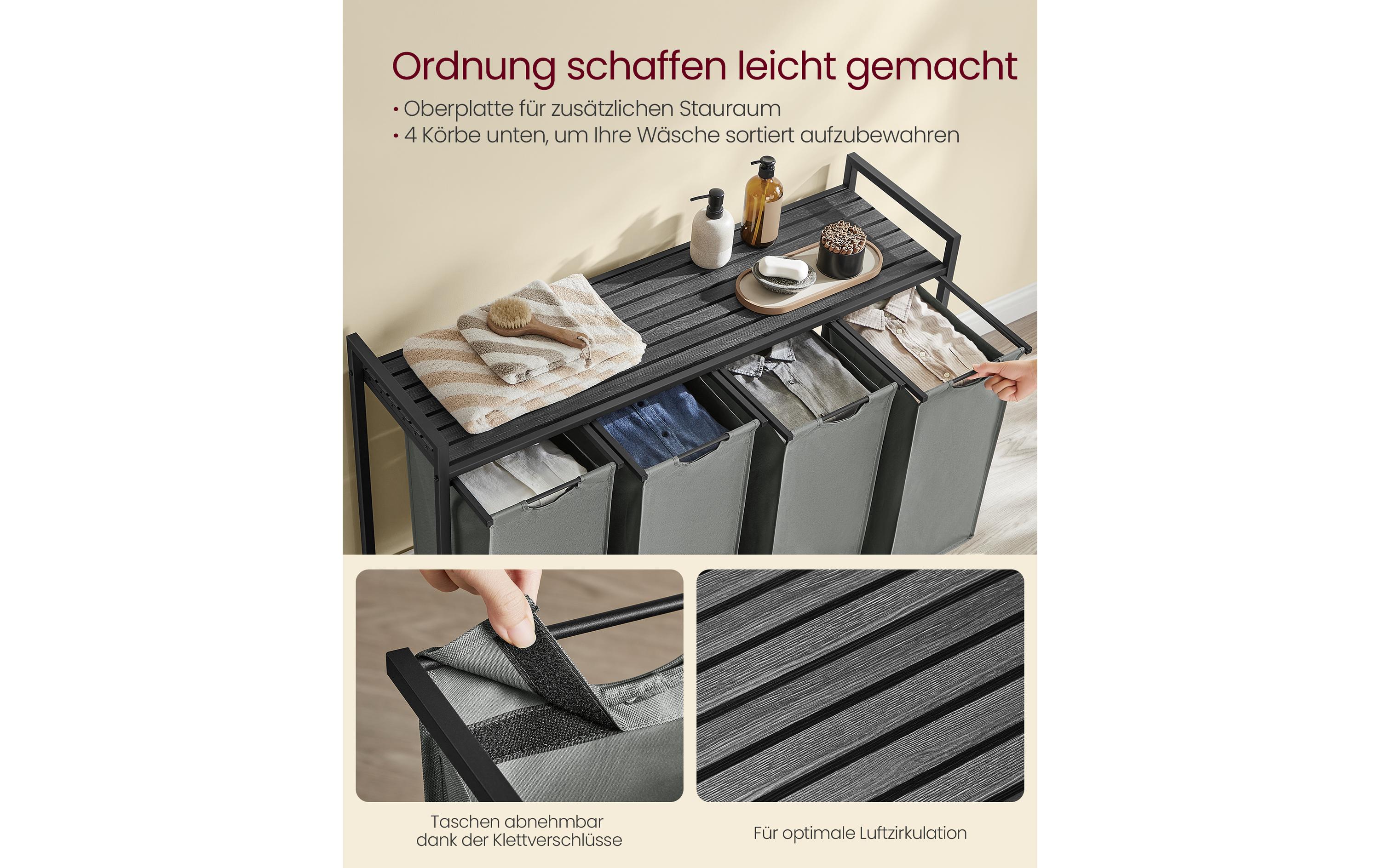 Wäschekorb mit Ablage 4 x 40 l, Grau/Schwarz<br>Wäschesammler