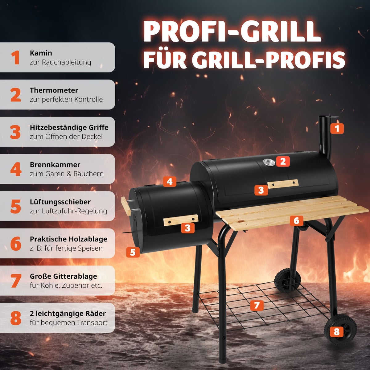 tectake 3-in-1 houtskoolgrill, voor grillen, roken en koken, met 2 wielen, 115 x 67 x 115 cm