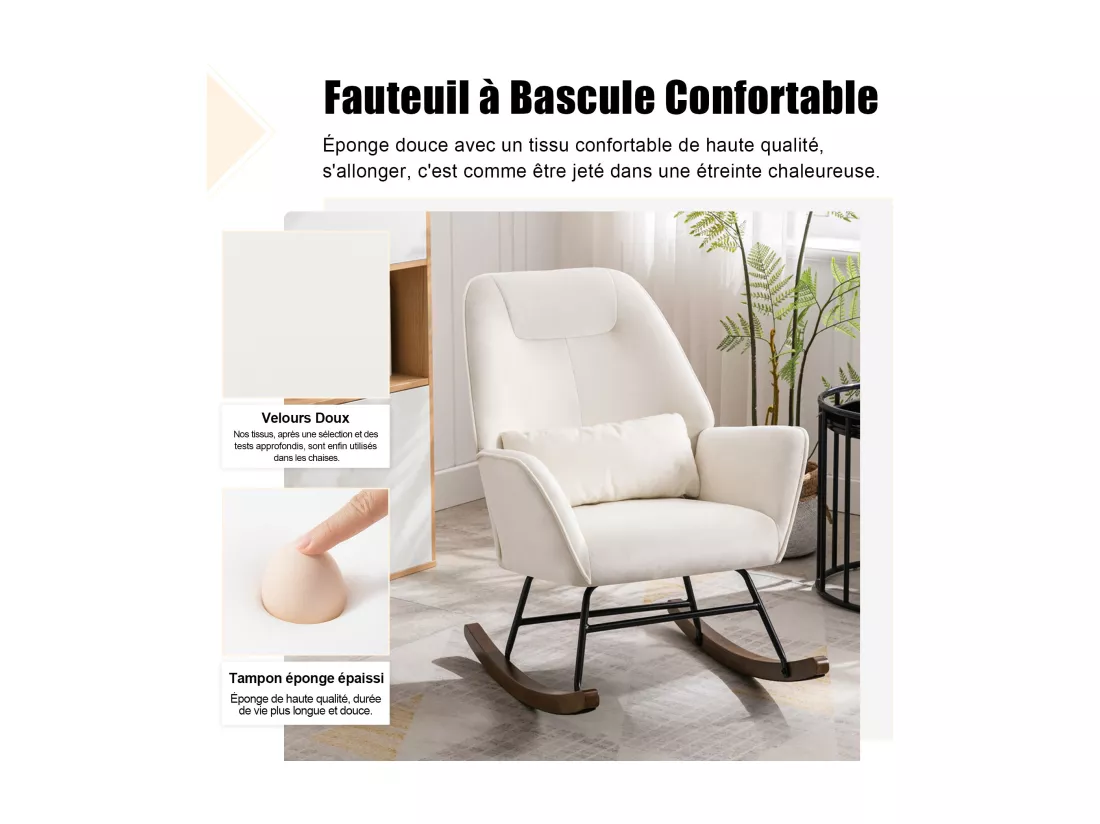 Fauteuil à Bascule en Velours Rembourré avec Support Lombaire, Fauteuil Allaitement à Bascule pour Salon, Chambre d'enfant, Beige