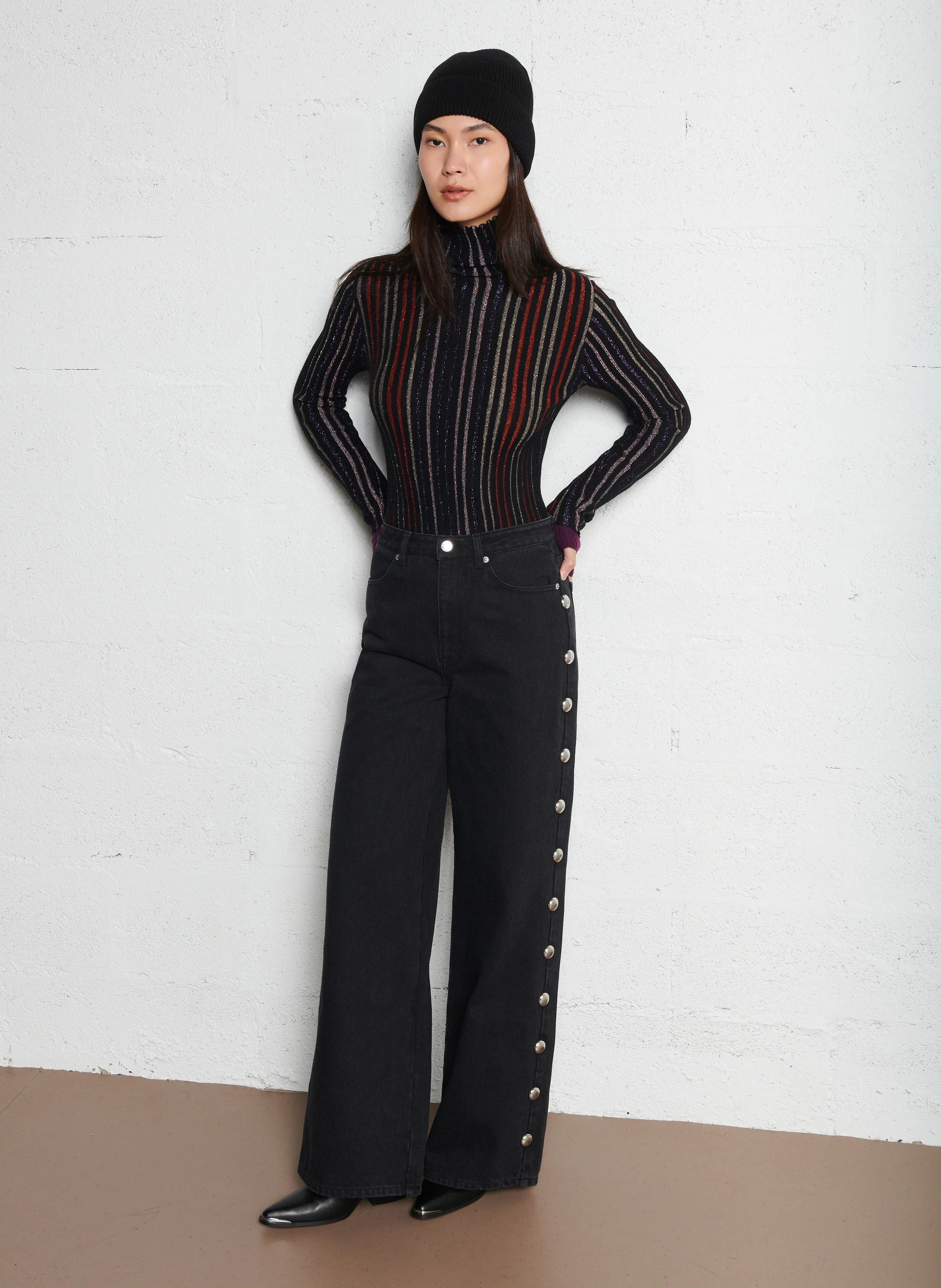 MEMPHIS - Jean large taille haute à gros studs en coton| Noir