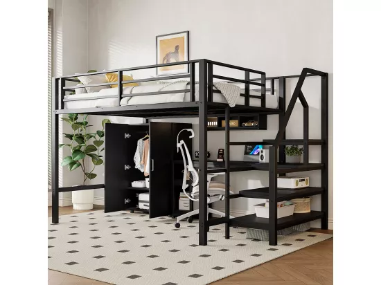 Lit mezzanine 140x200 armoire étagères échelle de rangement bureau Noir