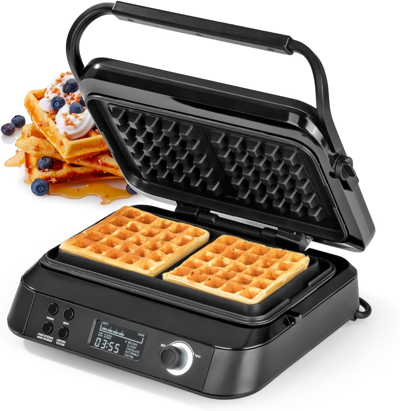 Premium Waffeleisen für Belgische Waffeln | Starke 1.600 Watt, doppelte Heizelemente, 5 Programme & 7 Bräunungsstufen | LCD Display, Timer, extra tiefe Heizplatten für besonders luftige Waffeln