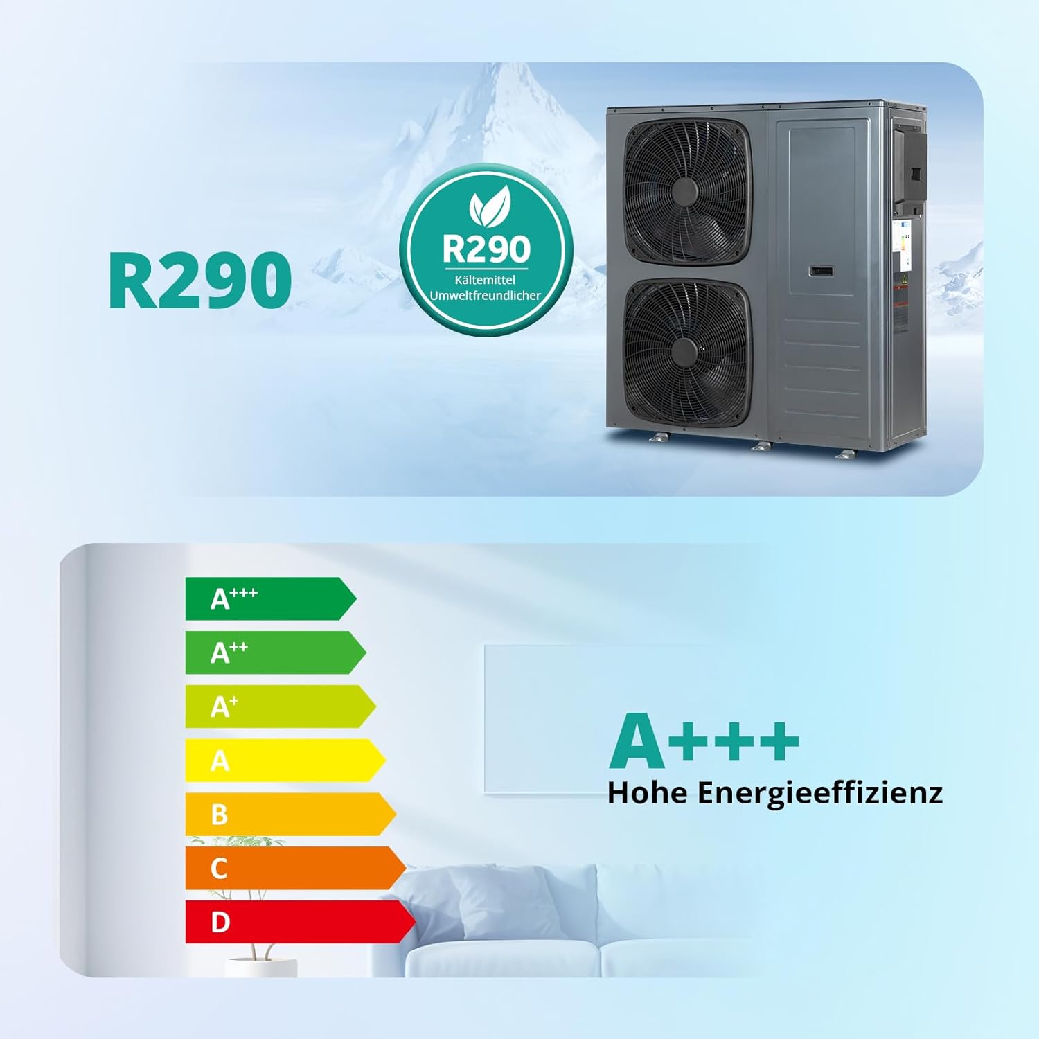 SMETA 14kW Monoblock Wärmepumpe - Luft Wärmepumpe Wasser, 3-in-1 Heizen Kühlen 75°C Warmwasser, R290, Intelligente Abtauung Frostschutz, Doppelventilatoren, WiFi, A+++, Einphasig & Förderfähig