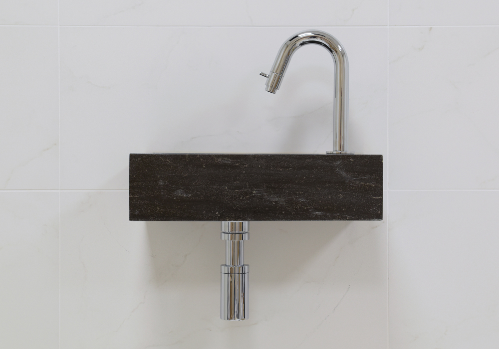Lambini Designs Recto rechts natuursteen fonteinset met chroom gebogen fonteinkraan en toebehoren