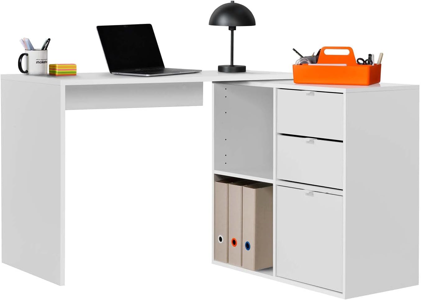 mokebo Eckschreibtisch klein in Weiß mit Schubladen & Fächern 'Der Produktive', auch als Schreibtisch oder Arbeitstisch im Büro, Kinderschreibtisch oder Gaming Tisch 112x77x54 (B/H/T in cm)