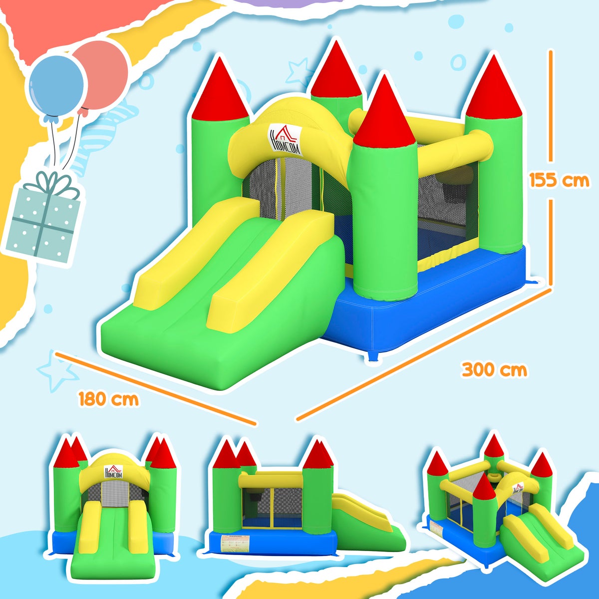 HOMCOM Opblaasbaar springkussen met blower, kinderspringkussen, speelkasteel met glijbaan, trampoline, veiligheidsnet, voor kinderen van 3 tot 10 jaar, Oxford, 300 x 180 x 160 cm