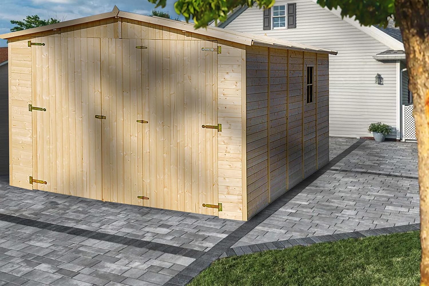 TIMBELA M101 Holzgarage - Abstellraum mit Fenstern - H222x516x324 cm/15 m² Shiplap-Schuppen aus Naturholz - Gartenwerkstatt - Auto- und Geräteschuppen