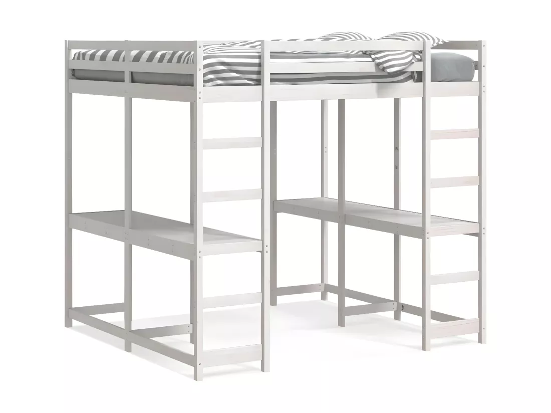 Lit superposé et bureau et échelle 180x200cm bois de pin massif