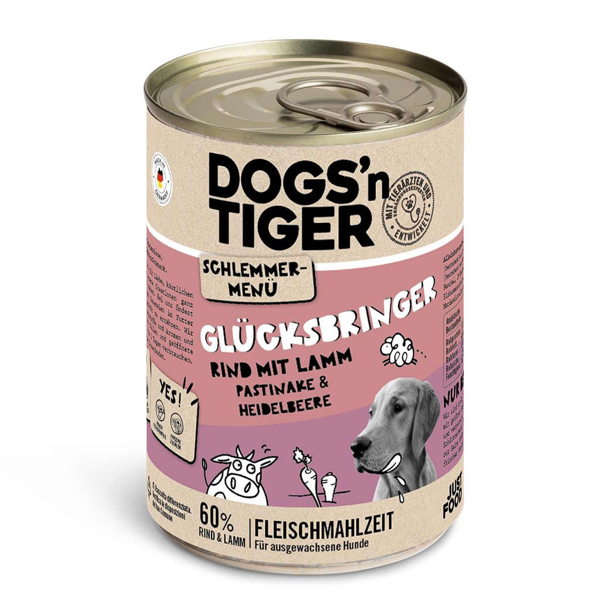 Dogs’n Tiger Adult Hundefutter, Glücksbringer, Nassfutter, Getreidefrei, Rind & Lamm