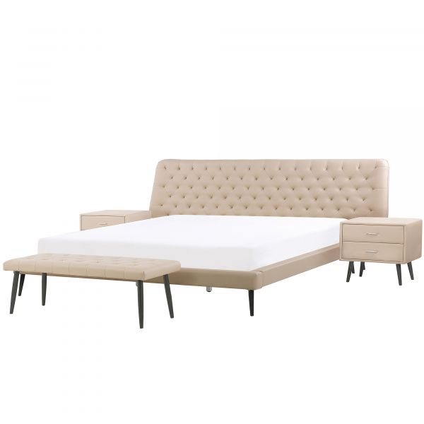 Beliani Conjunto de Quarto de Dormir Essonne de Pele Sintética Creme 220x230x118