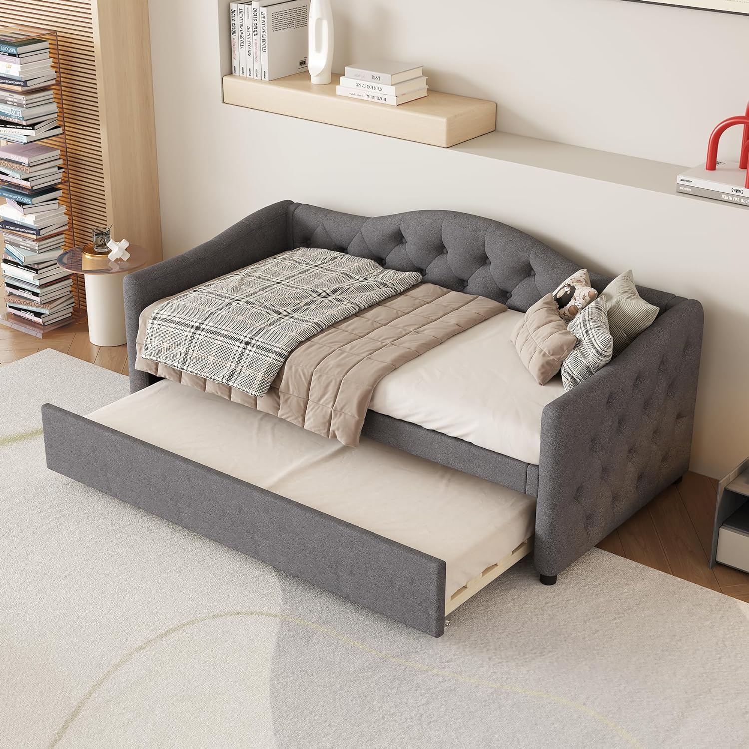 Merax Schlafsofa Polsterbett 90 x 200 cm, Ausziehbares Bettsofa, mit ausziehbarem Bett, Leinen minimalistisches Styling, Gästebett für Jugendliche und Kinder, Ohne Matratze, Grau