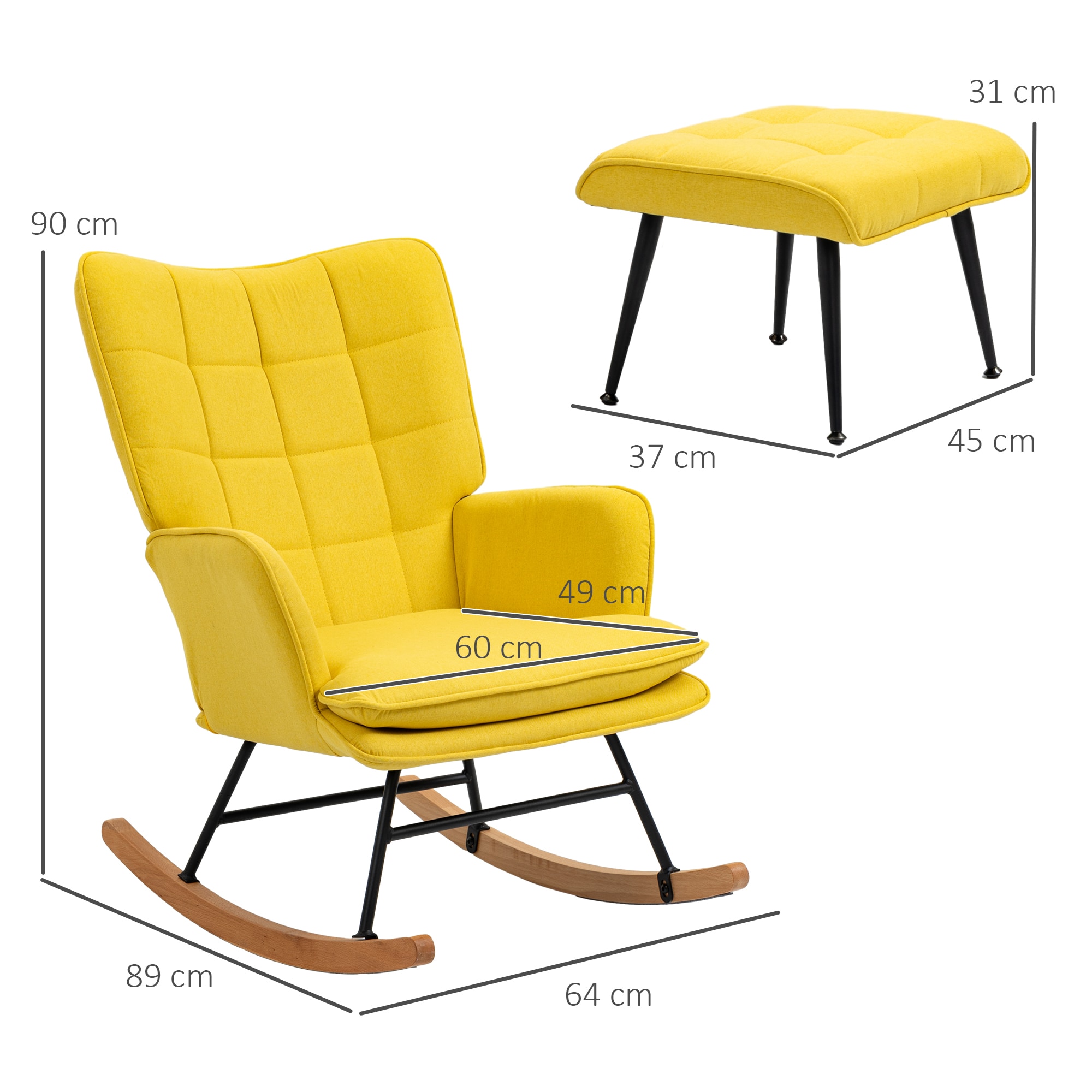 HOMCOM Schaukelstuhl mit Hocker und hoher Rückenlehne gelb 64L x 89B x 90H cm