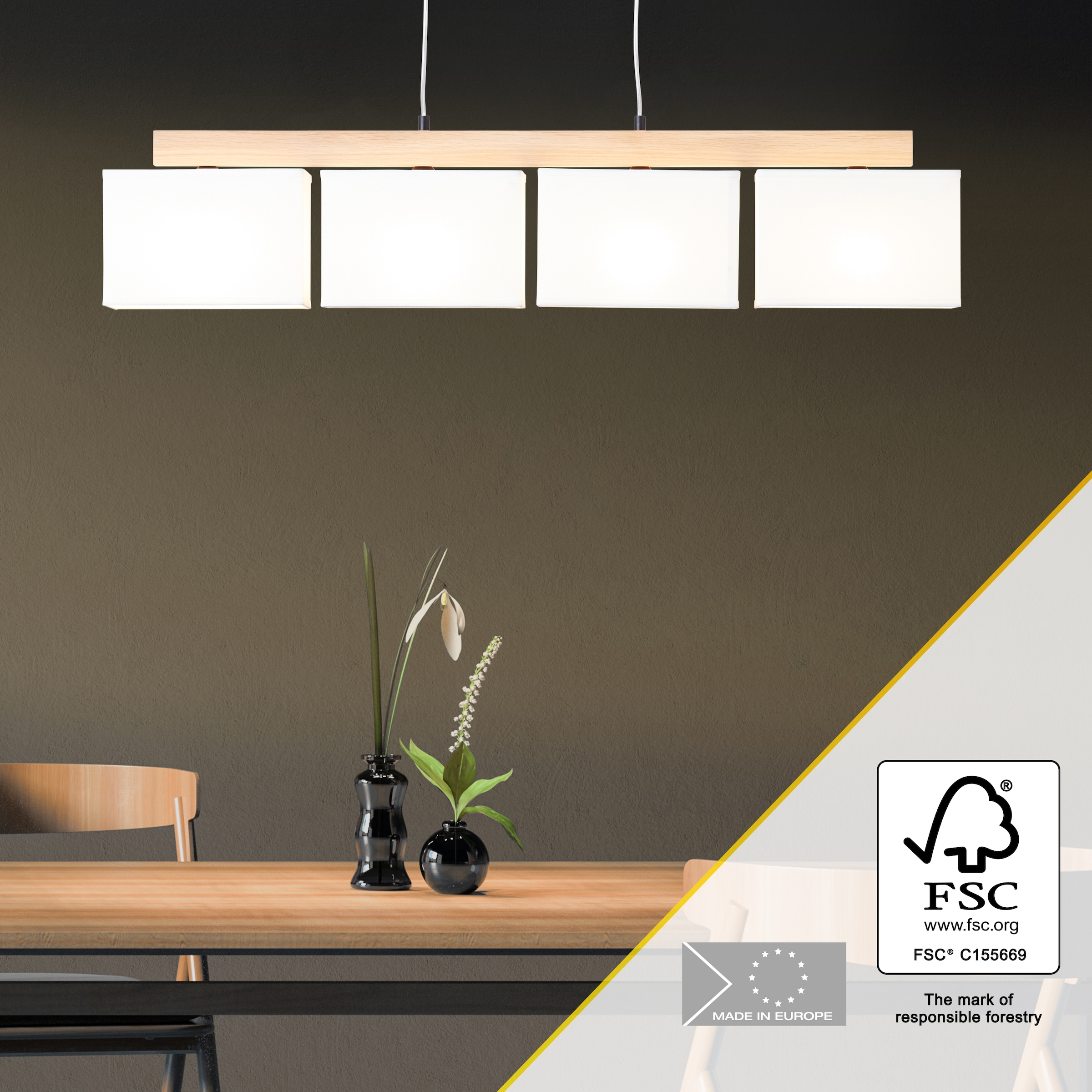 Brilliant Pendelleuchte »Rayan« E27 1 Stk. Stoffschirme, H 113 cm, B 95 cm, 4 x E27, eiche geölt/weiss