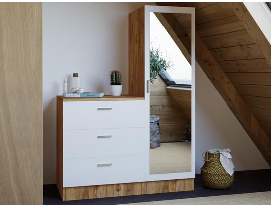 VENTE-UNIQUE - Commode 3 tiroirs avec armoire et miroir - blanc et naturel...