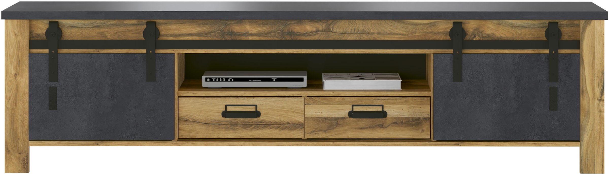 Home affaire TV-Schrank »York, moderner Unterschrank, Kommode im Industrialdesign« mit Apothekergriffen & Scheunentorbeschlägen aus Metall, 201 cm breit