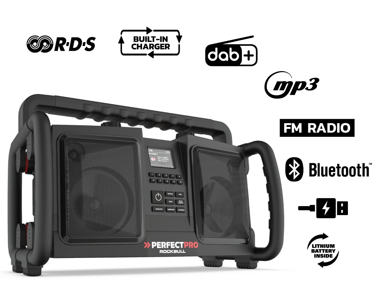 PerfectPro RB2 Rockbull Bouwradio - FM RDS - DAB  - aux-in - werkt op netstroom & batterij