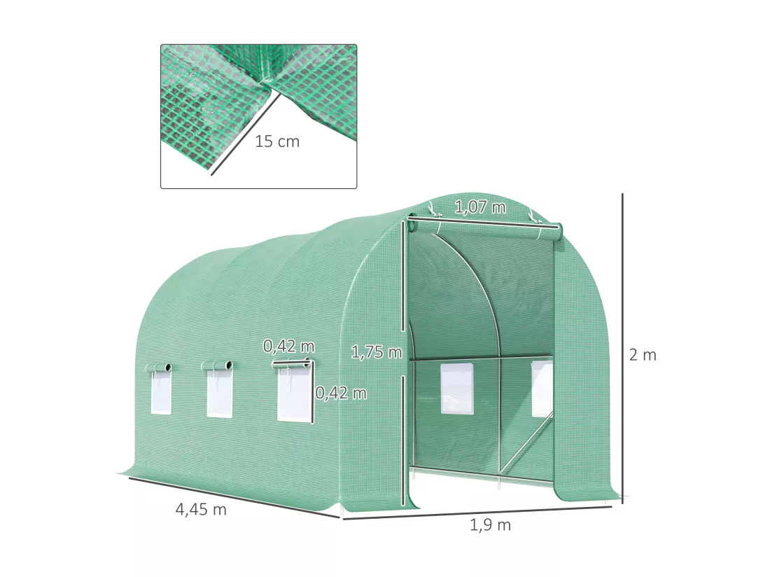 Serre de jardin tunnel 4,5L x 2l x 2H m châssis tubulaire acier galvanisé renforcé 1,8 cm 6 fenêtres 1 porte vert