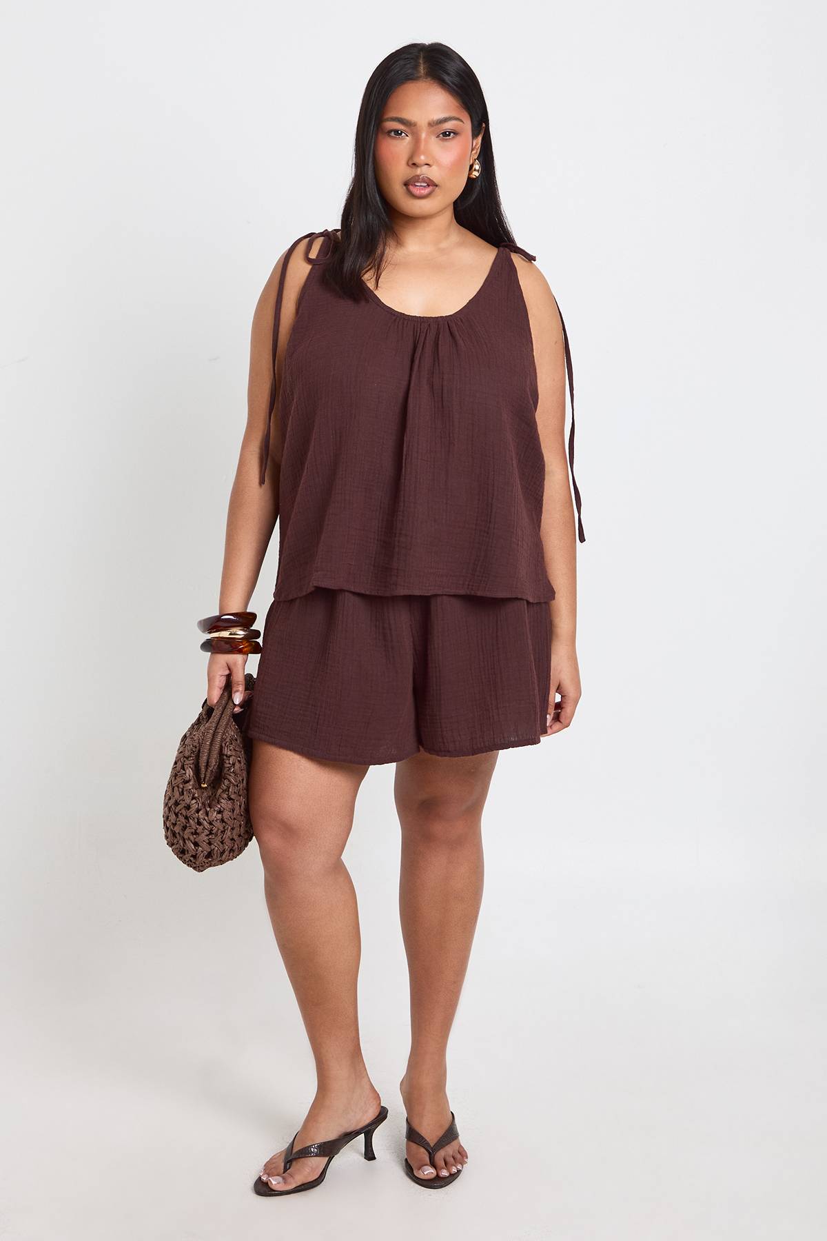 boohoo Ensemble Grande Taille Haut Caraco Et Short En Gaze De Coton Avec Liens