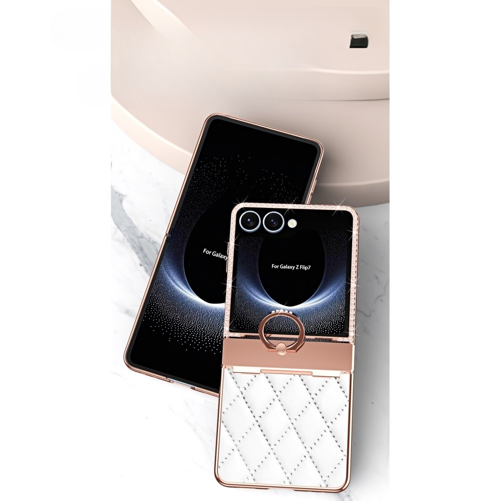 Samsung Galaxy Z Flip7 Hardcase Hülle Finger Griff Ring Halterung Glitzer Design   Scharnier Design - Weiss / Roségold