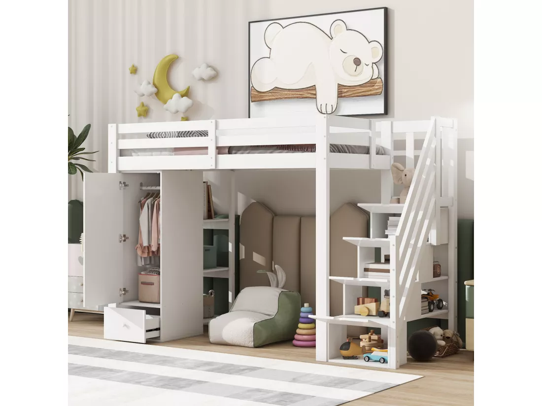 Lit mezzanine 90 x 200 cm avec armoire, 4 tiroirs et étagères de rangement - Pin + MDF - Blanc (sans matelas)