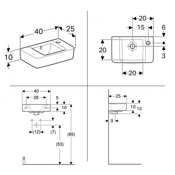 Geberit Renova Plan fontein 40cm met overloop en kraangat rechts wit