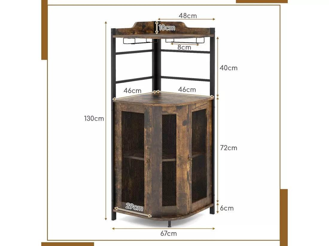 Buffet Cuisine Industriel, Armoire d’Angle, Étagère Réglable, Meuble Bar avec Porte-Verres, Placard à Porte en Maille Métallique, Kit Anti-basculement Inclus, 46 x 46 x 130 CM (Marron Rustique)