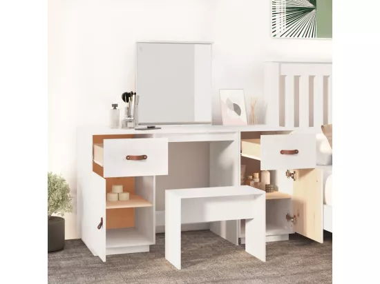 Ensemble de coiffeuse avec miroir Blanc Bois de pin solide
