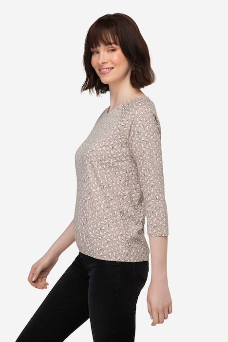 T-Shirt, Minimal Print, Rundhals,3/4-Ärmel, elastischer Saum